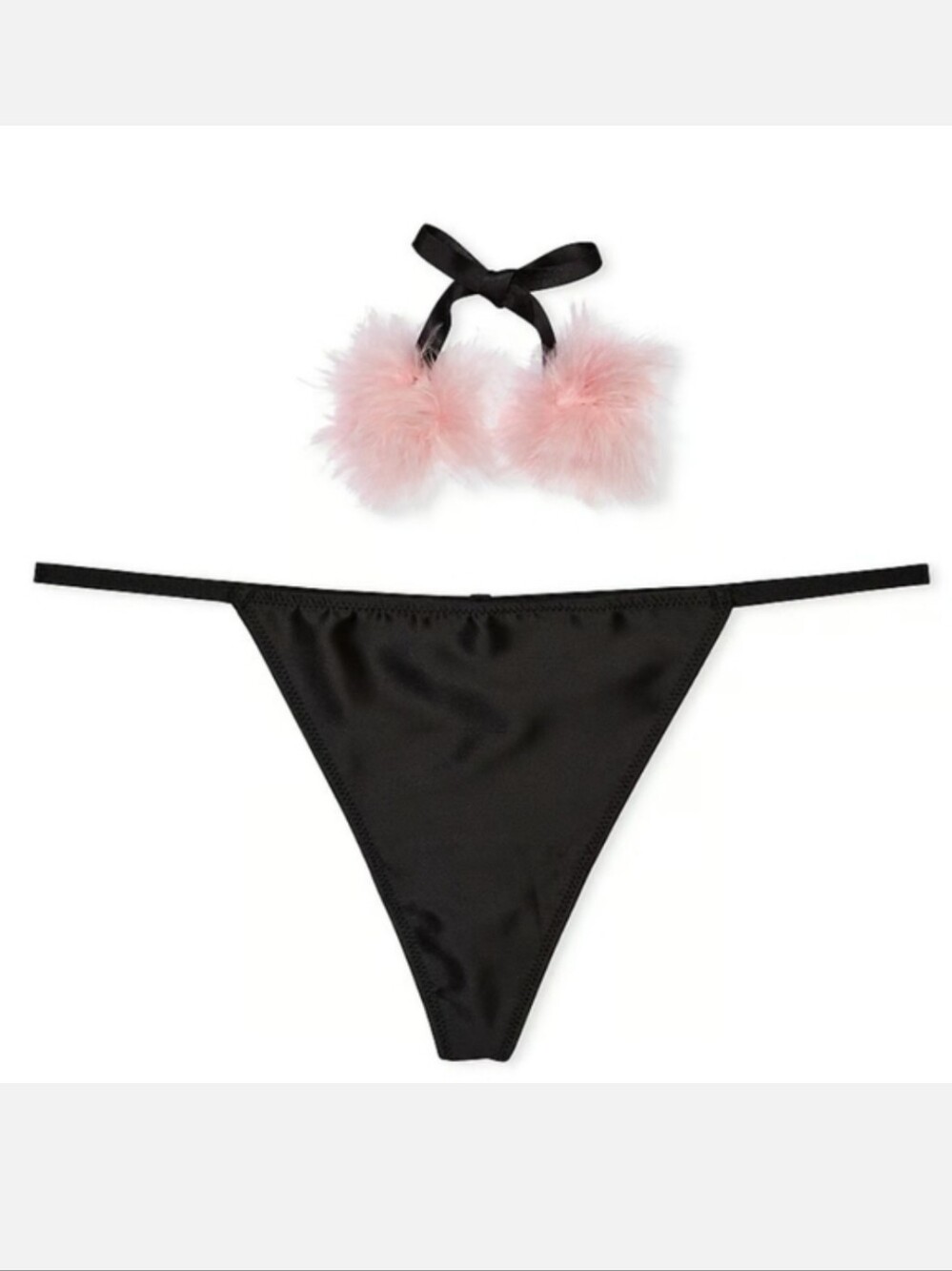 Victoria's Secret Dream Angels Satin Pom Pom V-String Panty BLACK LARGE